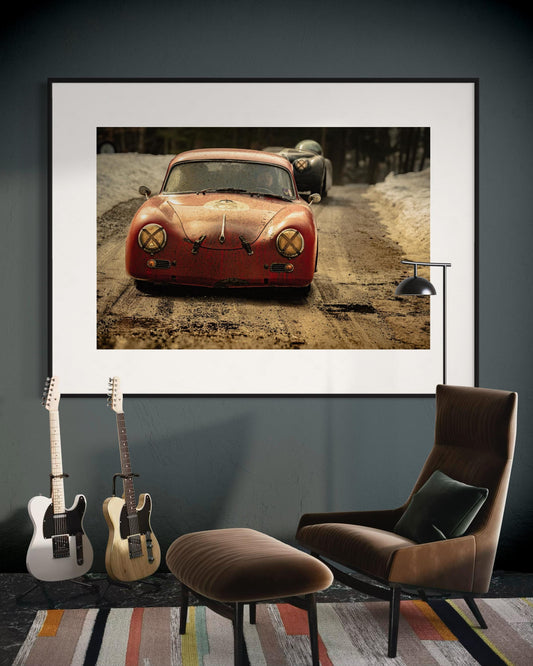 Fine Art Print - Vintage Porsche 356 Winter Rally Drive Wall Art, Classic Car Automotive Decor, Car Collector Gift, Garage, Office, Man Cave