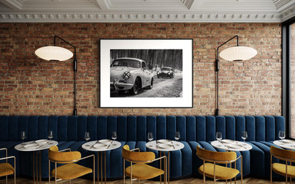 Fine Art print - Porsche 356 Winter Rally Wall Art, Black White Poster, Monochrome, Office Decor, Cabin, Garage, living Room, Man Cave, Gift
