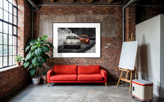 Fine Art Print, Vintage Rally Porsche 356 winter race, giclée, snow motorsport wall art, classic car collector decor, Cabin, garage, office