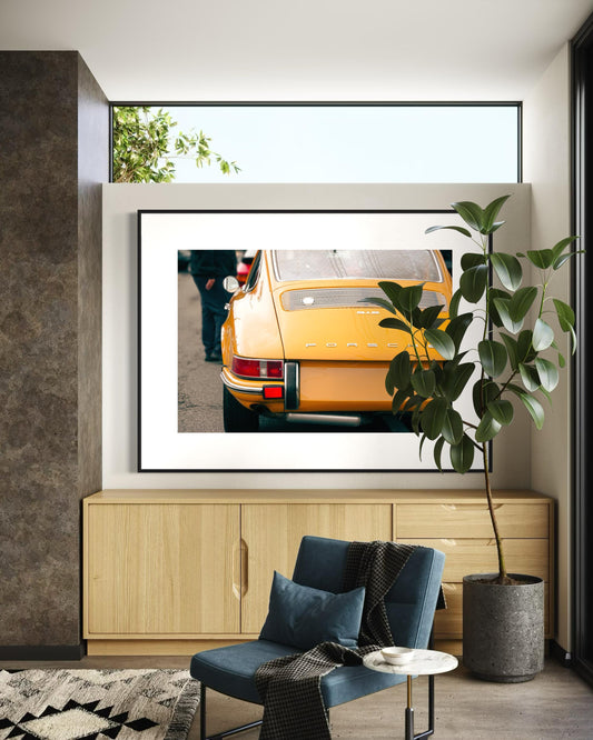 Fine Art Print - Vintage Porsche 912 rear giclee Wall Art, mustard yellow classic sports car poster for garage, lounge, office, modern decor