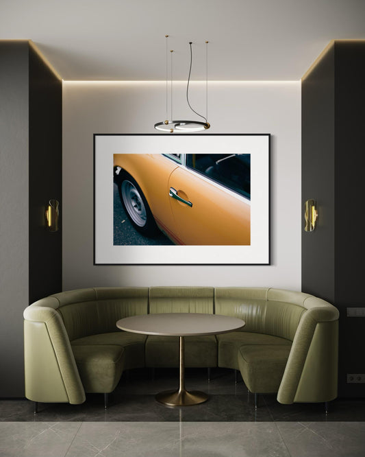 Fine Art Print - Vintage Porsche 911 912 Door Handle Close Up Custom Wall Art, Office Wall Decor, Minimalist, Contemporary Yellow Gold