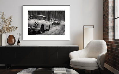 Fine Art print - Porsche 356 Winter Rally Wall Art, Black White Poster, Monochrome, Office Decor, Cabin, Garage, living Room, Man Cave, Gift