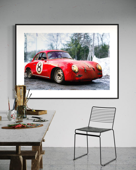 Fine Art Print - Red Porsche 356 in the Snow Wall Art | Vintage Porsche Print in the snow, Cabin Decor, gifts for him, unique gift for dad