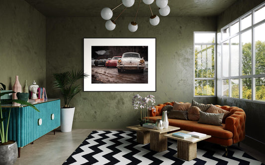 Fine Art Print - Vintage Porsche 356, Jaguar XK120 in Winter, Snow Mountain, Ski Decor, Cabin Decor, Vacation house, Aspen, Park City