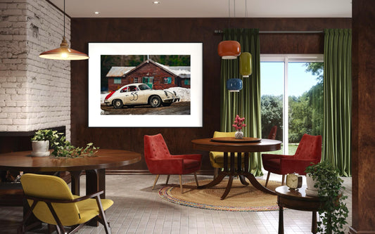 Fine Art Print - Vintage Porsche 356 by the Cabin, Digital Art Prints - Wall Art Car Poster, Snow, Ski Gift for Him - Poster Prints for Home