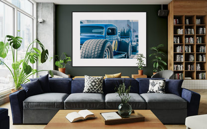 Fine Art Hoozier Wheels Hot Rod Photography Print  Blue Drag Racing Car Wall Art  Classic Muscle Car Garage Decor for man Cave, bar Poster