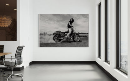 Fine Art Print - Motorcycle Burnout Wall Art - Black and White Poster, Smoking Tire, Cafe Racer, Biker, Man Cave, gifts for him Decor