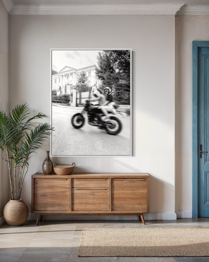 Escape Plan - Motorcycle Couple Ride Wall Art - Black and White Motorcycle Fine Art Print - Cafe Racer, Biker Decor, Man Cave, Garage Vibes