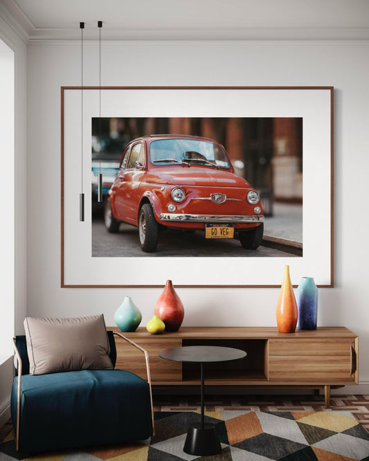Vintage Fiat 500 with “GO VEG Plate Print | Classic Fiat Decor Poster |  Wall Art | Vegan Decor | Gil Stunner Fine Art