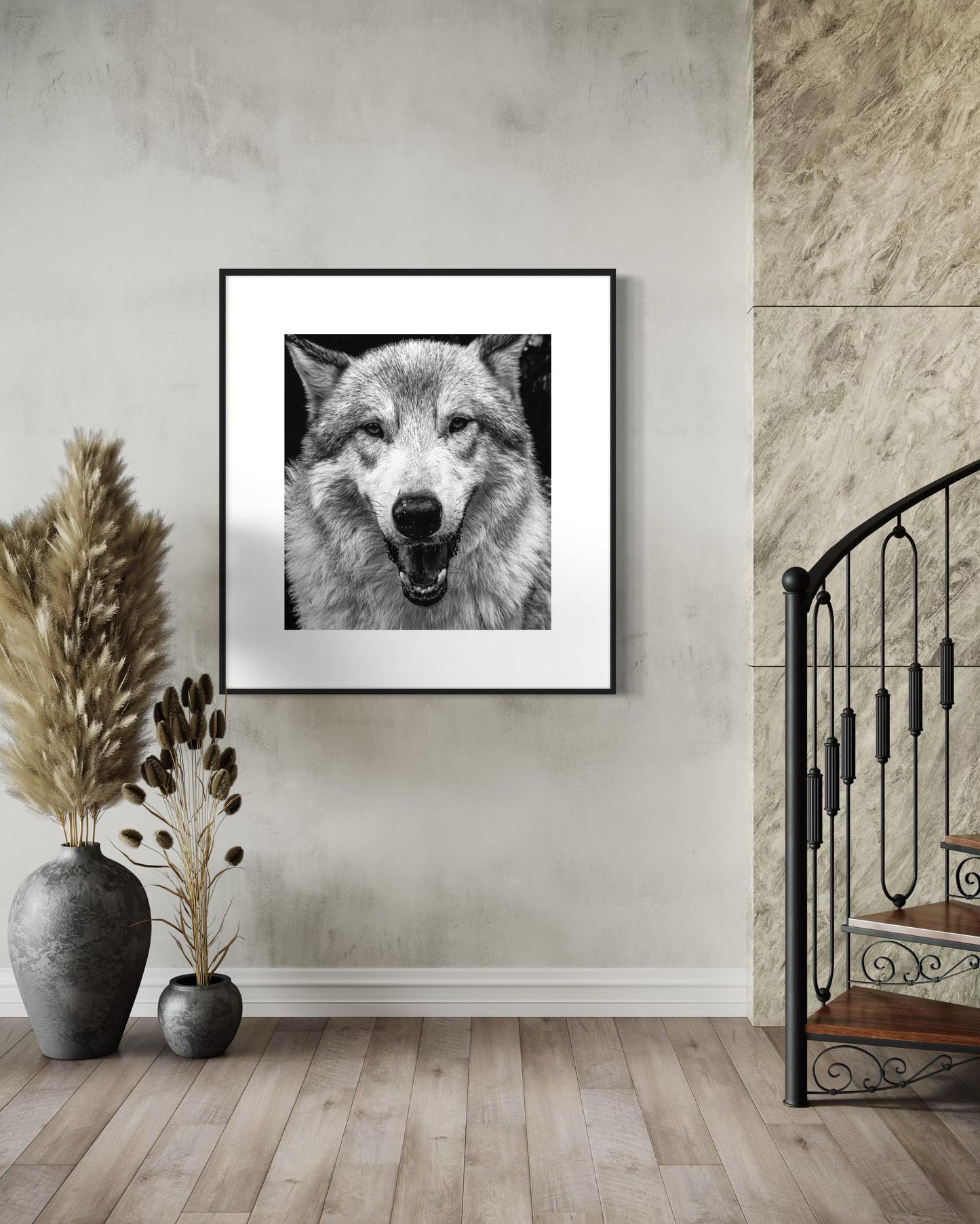 Alpha Stare Black & White Wolf Portrait | Fine Art Wildlife Print by Gil Stunner | Office, Lodge Decor, Cabin Wall Art, Nature Poster