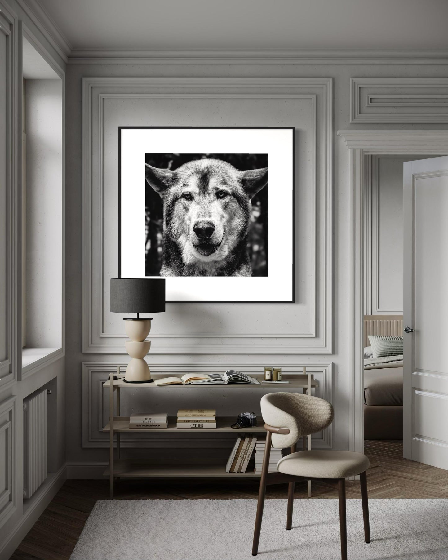 Fine Art Print - Monochrome Wolf Portrait | Bold Statement Wall Art |  Office, Bar, Rustic Lodge Decor | Masculine, Wildlife Lovers Gift