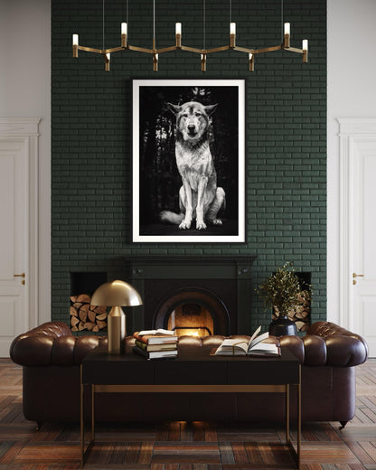Fine Art Monochrome Wolf Portrait Print | Powerful Black and White Wall Art for Lodge, Cabin, or Masculine Spaces | Fine Art Wildlife Decor