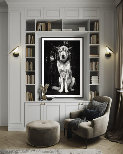 Fine Art Monochrome Wolf Portrait Print | Powerful Black and White Wall Art for Lodge, Cabin, or Masculine Spaces | Fine Art Wildlife Decor