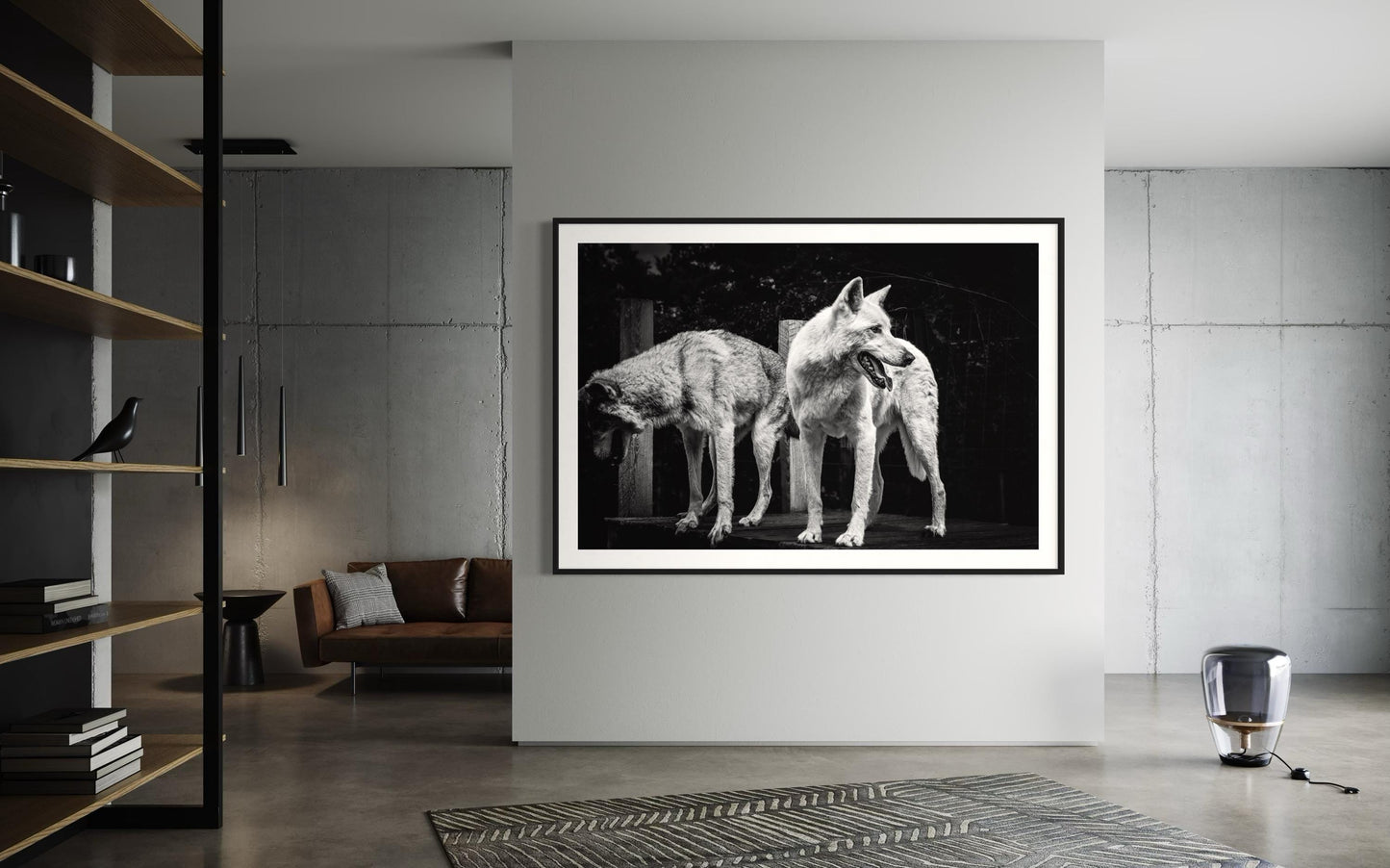 Fine Art Print - Black and White Wolf Duo Wall Art | Wildlife Print for Rustic Decor, Modern Lodge, Man Cave Room | Gil Stunner Art