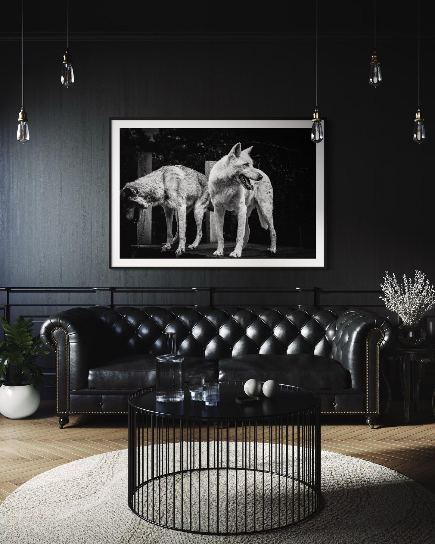 Fine Art Print - Black and White Wolf Duo Wall Art | Wildlife Print for Rustic Decor, Modern Lodge, Man Cave Room | Gil Stunner Art