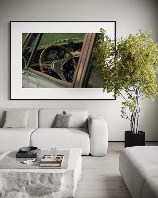 Vintage Car Steering Wheel Photography  Classic Wood Wheel Interior Art Print  Retro Automotive Wall Decor for Garage, Office, or Man Cave