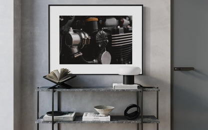 Triumph Motorcycle Engine Wall Art - Close-Up with Union Jack British Flag poster - Industrial British Design Photo for Garage or Man Cave