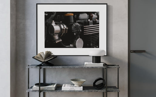 Triumph Motorcycle Engine Wall Art - Close-Up with Union Jack British Flag poster - Industrial British Design Photo for Garage or Man Cave