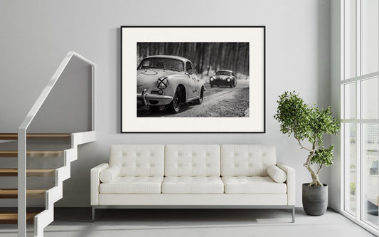 Fine Art print - Porsche 356 Winter Rally Wall Art, Black White Poster, Monochrome, Office Decor, Cabin, Garage, living Room, Man Cave, Gift
