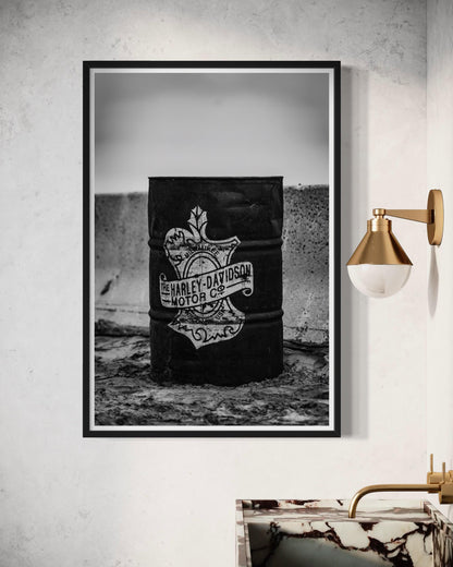Fine Art Print - Harley Davidson Barrel Wall Art | Black & White Motorcycle Garage Decor | Photography Print for Biker Mancave Decor