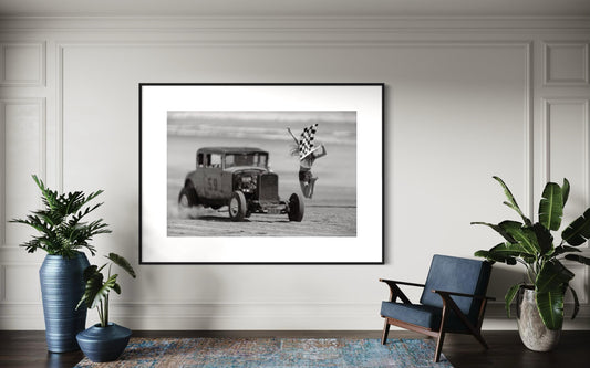 Fine Art Print - Vintage Hotrod Beach Drag Race Wall Art - TROG - Pin Up Flag Girl, Black and White, Monochrome Poster, Vintage Decor