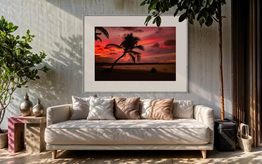 Fine Art Tulum Beach Print - Mexico Boho Palm Tree Tropical Sunset Ocean Landscape Framed Fine Art Photography Home Wall Decor