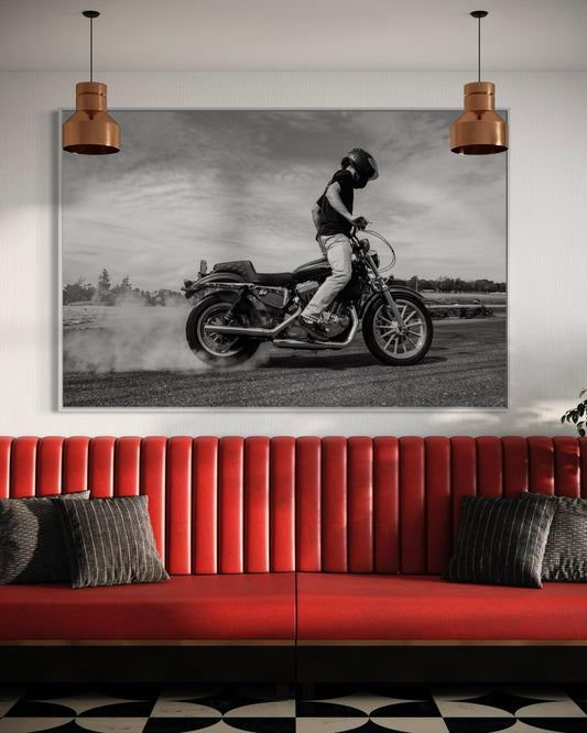 Fine Art Print - Motorcycle Burnout Wall Art - Black and White Poster, Smoking Tire, Cafe Racer, Biker, Man Cave, gifts for him Decor