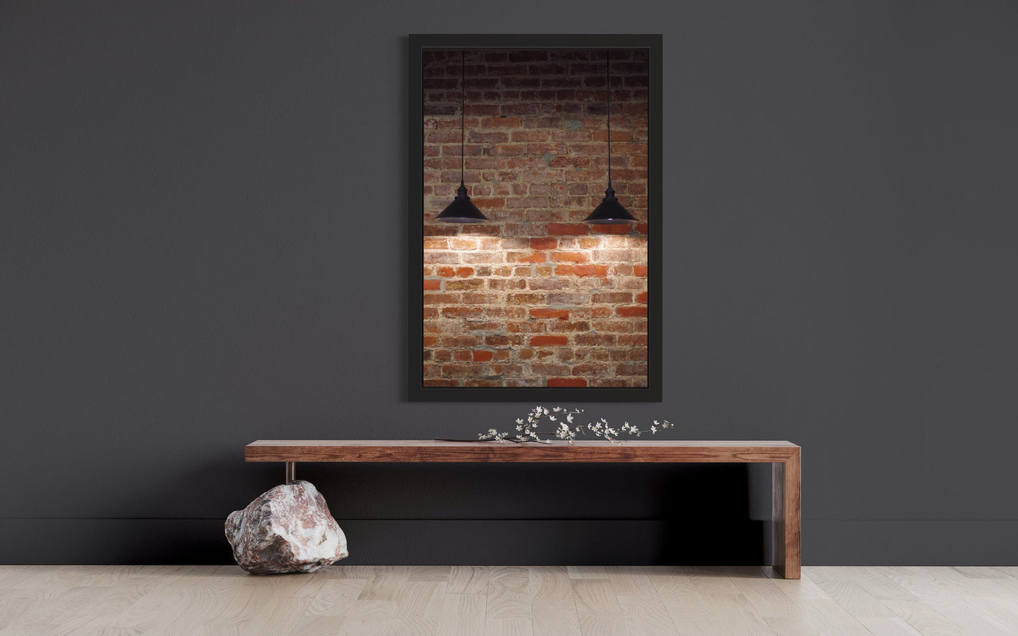Fine Art Print - Personalize Brick Wall Art -  Brick Wall with Two Hanging Lamps Wall Art - Accent Photo Poster Art Work Farmhouse Decor
