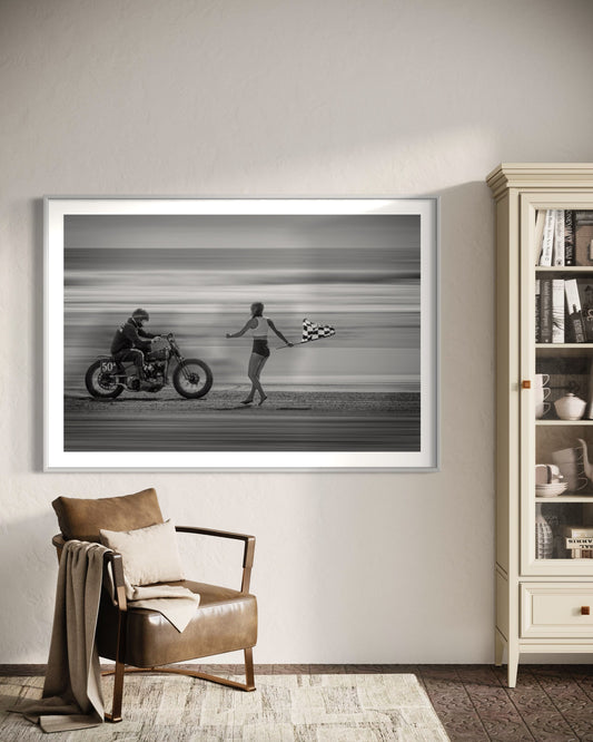 Fine Art Print - Monochrome Vintage Motorcycle Drag Race on Wildwood Beach - Classic Flag Girl Print - Wall Art Decor Poster Black White