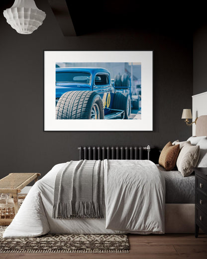 Fine Art Hoozier Wheels Hot Rod Photography Print  Blue Drag Racing Car Wall Art  Classic Muscle Car Garage Decor for man Cave, bar Poster