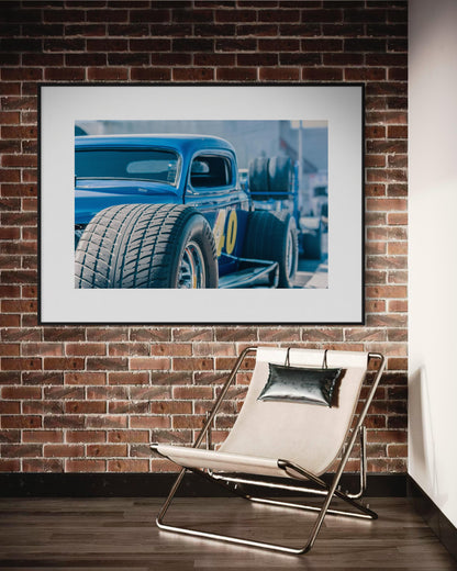 Fine Art Hoozier Wheels Hot Rod Photography Print  Blue Drag Racing Car Wall Art  Classic Muscle Car Garage Decor for man Cave, bar Poster