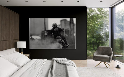 How You Doin! Motorcycle Burnout - Black and White Fine Art Print  - Smoking Tire - Cafe Racer, Biker Decor, Man Cave, Garage Vibes
