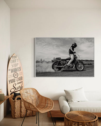 Fine Art Print - Motorcycle Burnout Wall Art - Black and White Poster, Smoking Tire, Cafe Racer, Biker, Man Cave, gifts for him Decor