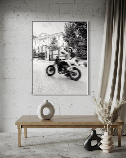 Escape Plan - Motorcycle Couple Ride Wall Art - Black and White Motorcycle Fine Art Print - Cafe Racer, Biker Decor, Man Cave, Garage Vibes