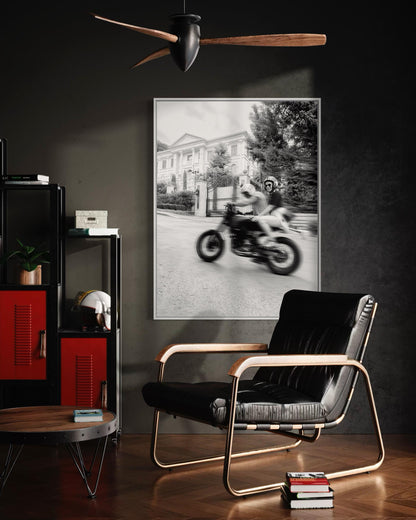 Escape Plan - Motorcycle Couple Ride Wall Art - Black and White Motorcycle Fine Art Print - Cafe Racer, Biker Decor, Man Cave, Garage Vibes