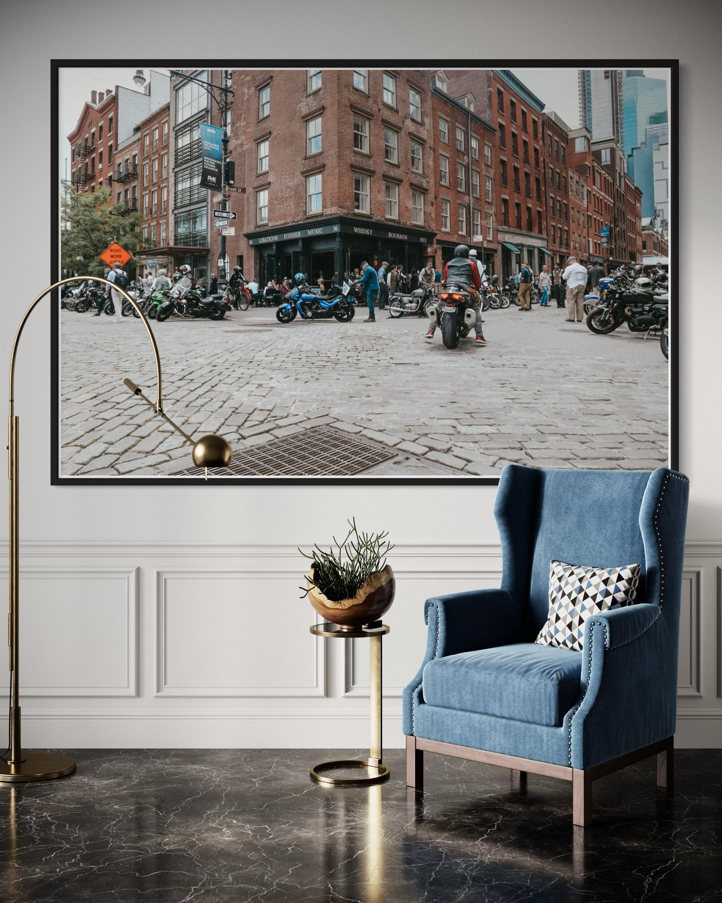 Fine Art Print - Whiskey Bourbon Rye - Wall Street Soho Motorcycle Bar Scene | New York City by Gil Stunner,  Coffee Shop, Garage, Bar Decor