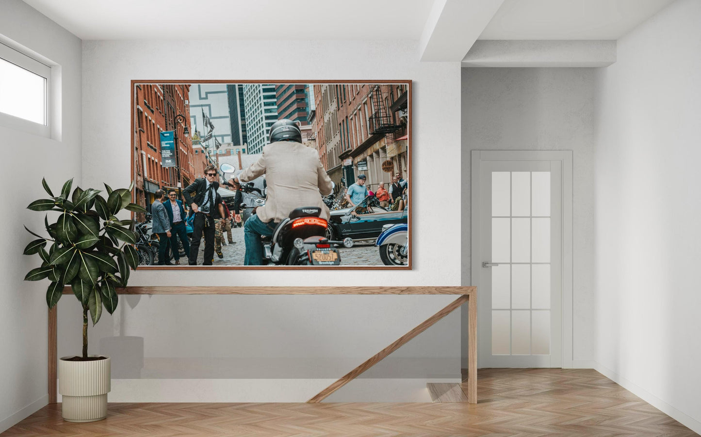 Fine Art Print -Triumph Motorcycle in NYC | Cafe Racer British Americana Motorcycle Wall Art by Gil Stunner, New York City Bar Decor