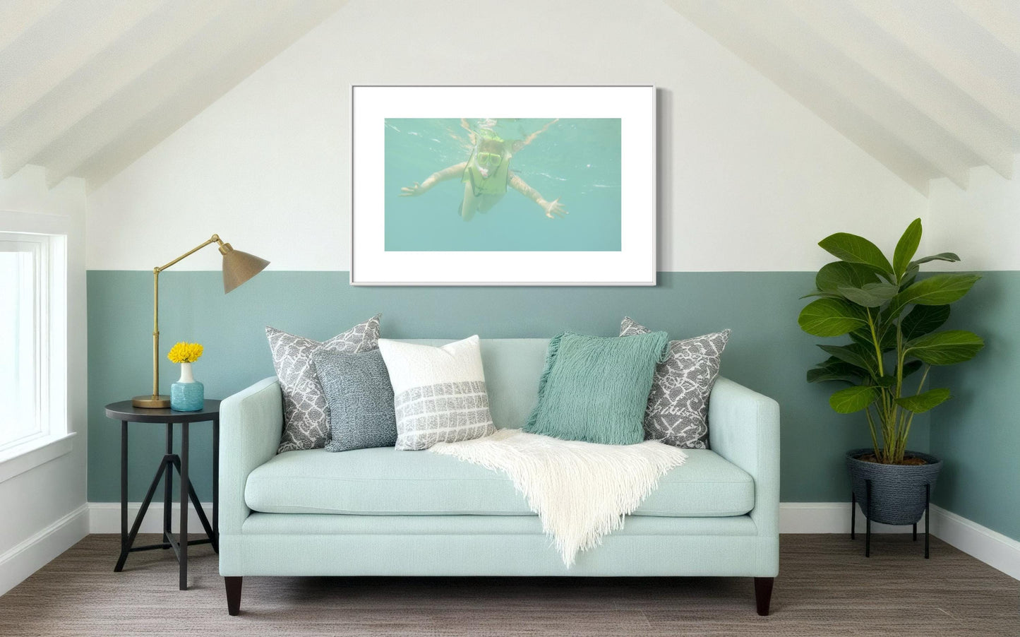 Floating Snorkeler Print  Funny Underwater Poster | Tropical Bathroom Decor, Beach House Wall Art, Housewarming Gift