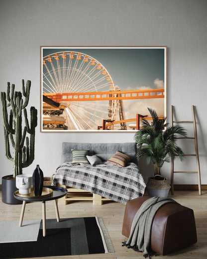 Fine Art Print - Ferris Wheel Wall Art, Amusement Park Photography, Rollercoaster Yellow Decor, art deco and bar room decor ideas