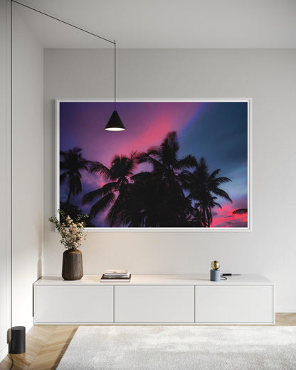 Fine Art Palm Tree Sunset Wall Art - Moody Pink Blue Sky Tropical Wall Art Print - Landscape Print Nature Wall Art for Living Room
