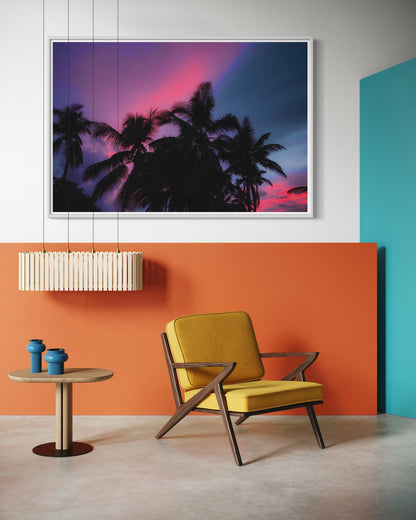 Fine Art Palm Tree Sunset Wall Art - Moody Pink Blue Sky Tropical Wall Art Print - Landscape Print Nature Wall Art for Living Room