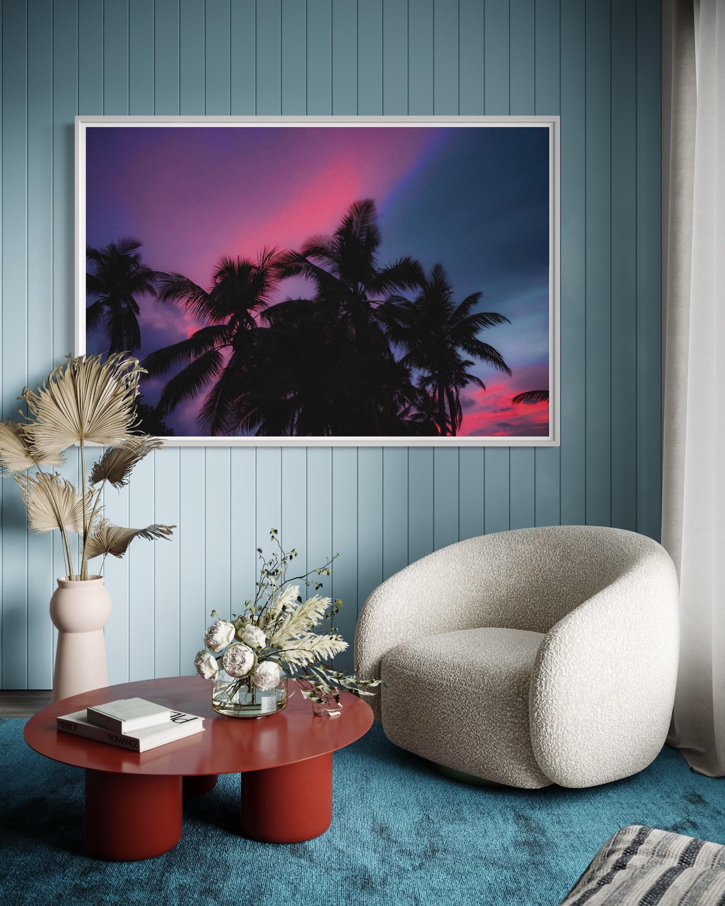 Fine Art Palm Tree Sunset Wall Art - Moody Pink Blue Sky Tropical Wall Art Print - Landscape Print Nature Wall Art for Living Room