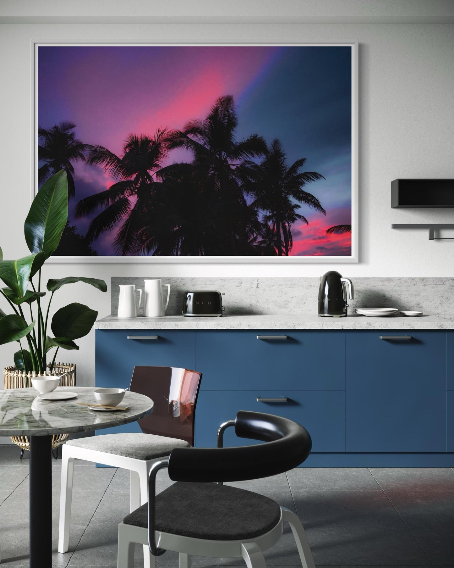 Fine Art Palm Tree Sunset Wall Art - Moody Pink Blue Sky Tropical Wall Art Print - Landscape Print Nature Wall Art for Living Room