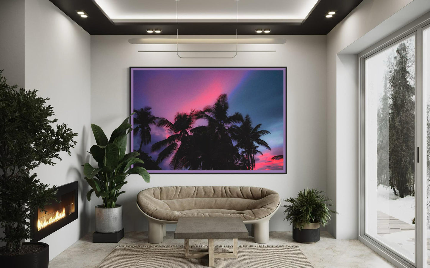 Fine Art Palm Tree Sunset Wall Art - Moody Pink Blue Sky Tropical Wall Art Print - Landscape Print Nature Wall Art for Living Room