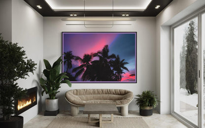 Fine Art Palm Tree Sunset Wall Art - Moody Pink Blue Sky Tropical Wall Art Print - Landscape Print Nature Wall Art for Living Room