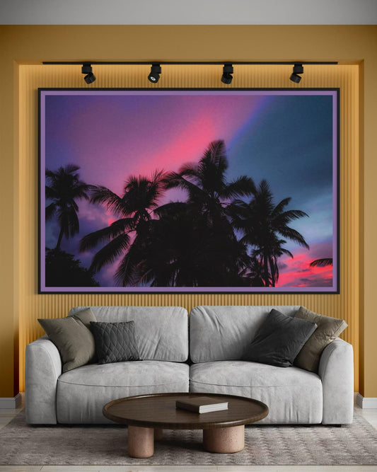 Fine Art Palm Tree Sunset Wall Art - Moody Pink Blue Sky Tropical Wall Art Print - Landscape Print Nature Wall Art for Living Room