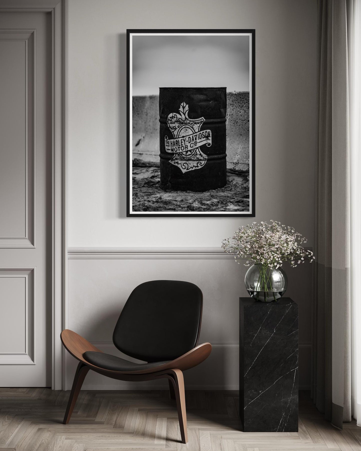Fine Art Print - Harley Davidson Barrel Wall Art | Black & White Motorcycle Garage Decor | Photography Print for Biker Mancave Decor
