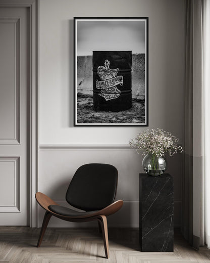 Fine Art Print - Harley Davidson Barrel Wall Art | Black & White Motorcycle Garage Decor | Photography Print for Biker Mancave Decor