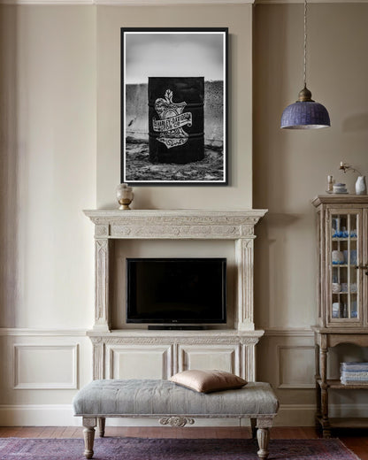 Fine Art Print - Harley Davidson Barrel Wall Art | Black & White Motorcycle Garage Decor | Photography Print for Biker Mancave Decor