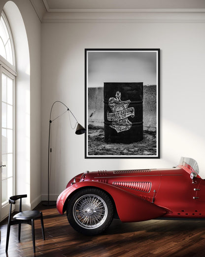 Fine Art Print - Harley Davidson Barrel Wall Art | Black & White Motorcycle Garage Decor | Photography Print for Biker Mancave Decor